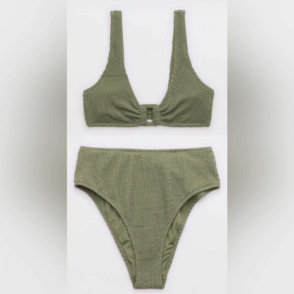 Nwt Aerie Full Set Shimmery Crinkle Wide Strap Top + High Waist Bottom Green